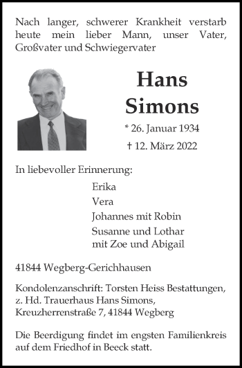 Traueranzeige von Hans Simons von Zeitung am Sonntag