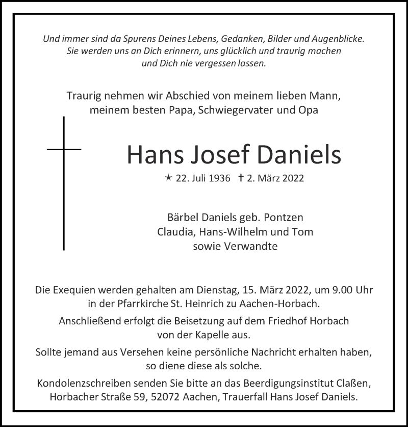  Traueranzeige für Hans Josef Daniels vom 13.03.2022 aus Zeitung am Sonntag