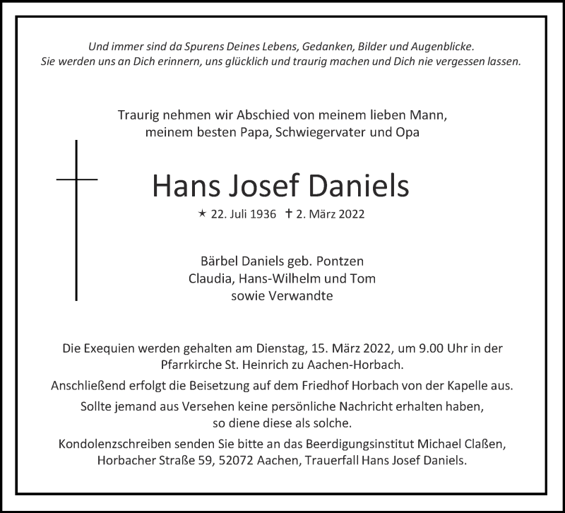  Traueranzeige für Hans Josef Daniels vom 12.03.2022 aus Aachener Zeitung / Aachener Nachrichten