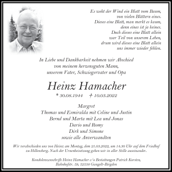Traueranzeige von Heinz Hamacher von Zeitung am Sonntag