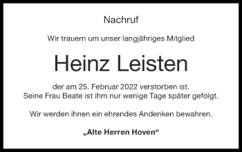 Traueranzeige von Heinz Leisten von Zeitung am Sonntag