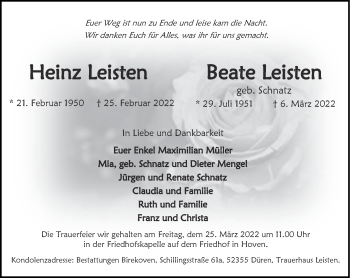 Traueranzeige von Heinz Leisten von Zeitung am Sonntag