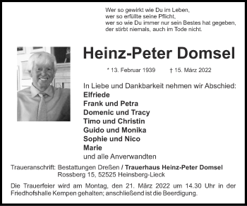 Traueranzeige von Heinz-Peter Domsel von Zeitung am Sonntag