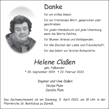 Traueranzeige von Helene Claßen von Zeitung am Sonntag