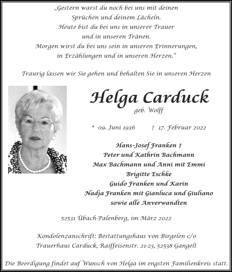  Traueranzeige für Helga Carduck vom 06.03.2022 aus Zeitung am Sonntag