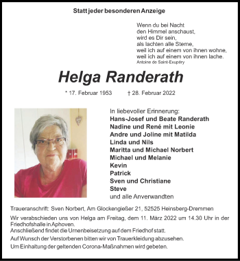 Traueranzeige von Helga Randerath von Zeitung am Sonntag