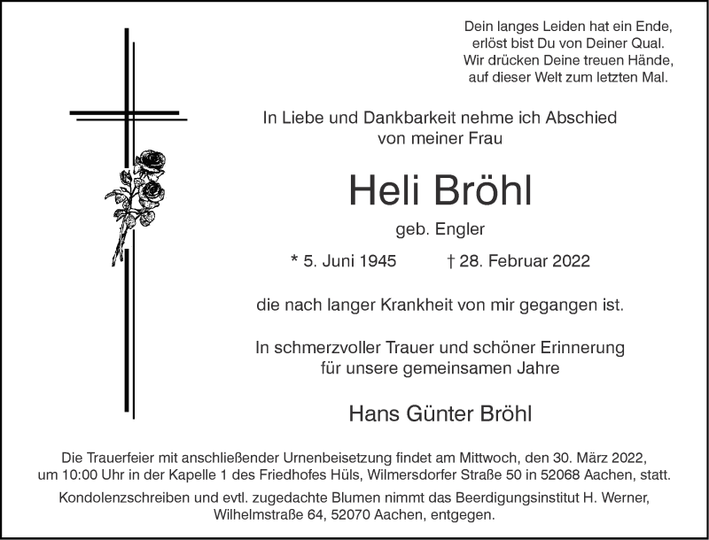  Traueranzeige für Heli Bröhl vom 26.03.2022 aus Aachener Zeitung / Aachener Nachrichten
