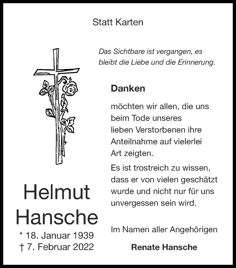  Traueranzeige für Helmut Hansche vom 20.03.2022 aus Zeitung am Sonntag