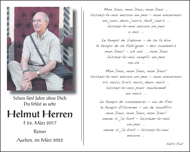  Traueranzeige für Helmut Herren vom 19.03.2022 aus Aachener Zeitung / Aachener Nachrichten