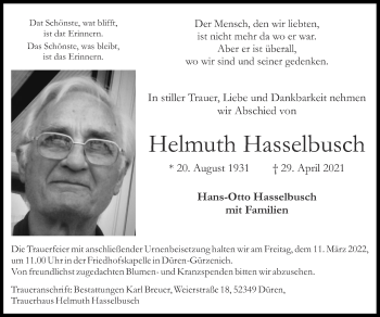 Traueranzeige von Helmuth Hasselbusch von Zeitung am Sonntag