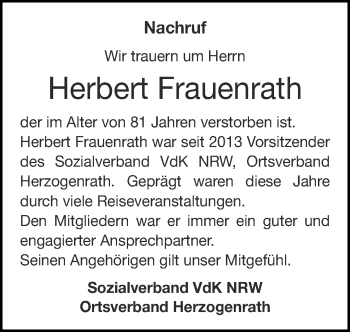 Traueranzeige von Herbert Frauenrath von Zeitung am Sonntag