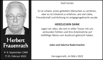 Traueranzeige von Herbert Frauenrath von Zeitung am Sonntag
