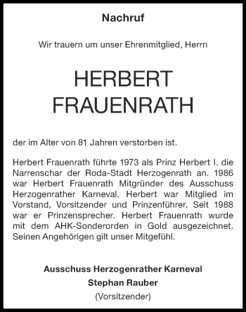 Traueranzeige von Herbert Frauenrath von Zeitung am Sonntag