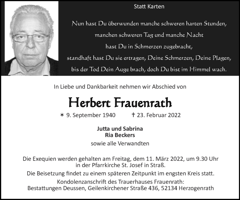  Traueranzeige für Herbert Frauenrath vom 06.03.2022 aus Zeitung am Sonntag