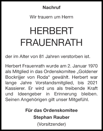 Traueranzeige von Herbert Frauenrath von Zeitung am Sonntag