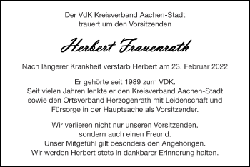 Traueranzeige von Herbert Frauenrath von Zeitung am Sonntag