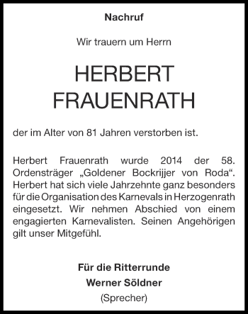 Traueranzeige von Herbert Frauenrath von Zeitung am Sonntag