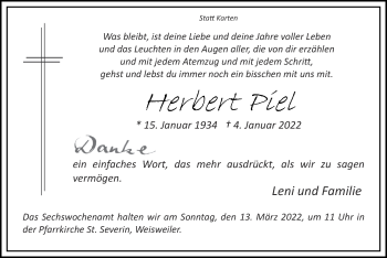 Traueranzeige von Herbert Piel von Zeitung am Sonntag