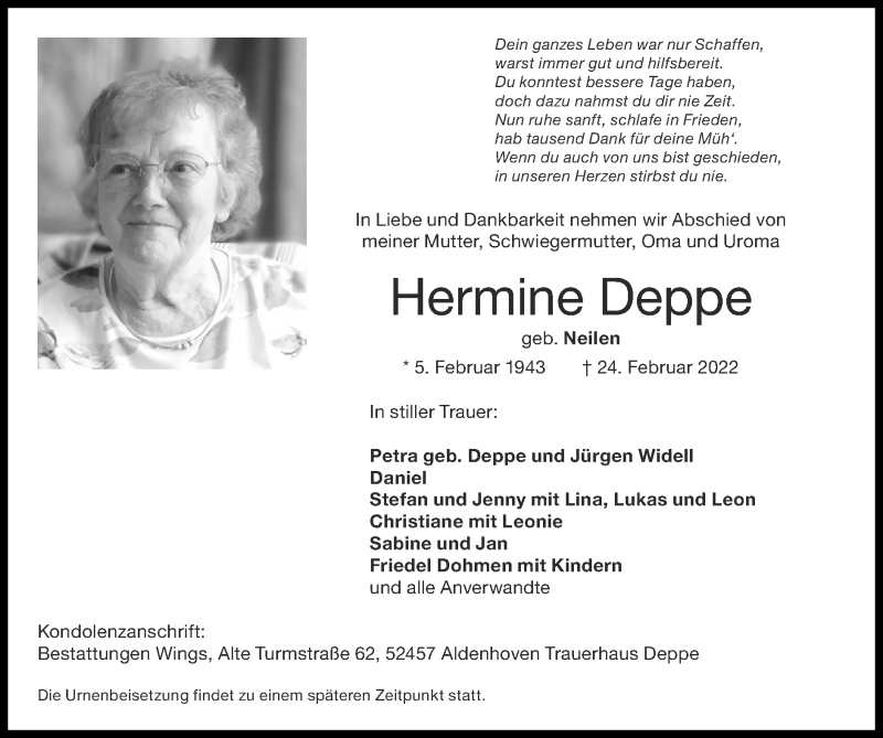  Traueranzeige für Hermine Deppe vom 06.03.2022 aus Zeitung am Sonntag