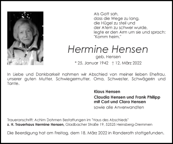 Traueranzeige von Hermine Hensen von Zeitung am Sonntag