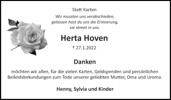 Traueranzeige von Herta Hoven von Zeitung am Sonntag