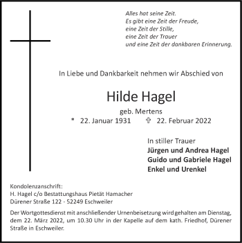 Traueranzeige von Hilde Hagel von Zeitung am Sonntag