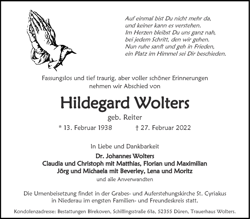  Traueranzeige für Hildegard Wolters vom 06.03.2022 aus Zeitung am Sonntag