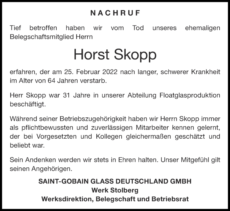  Traueranzeige für Horst Skopp vom 06.03.2022 aus Zeitung am Sonntag