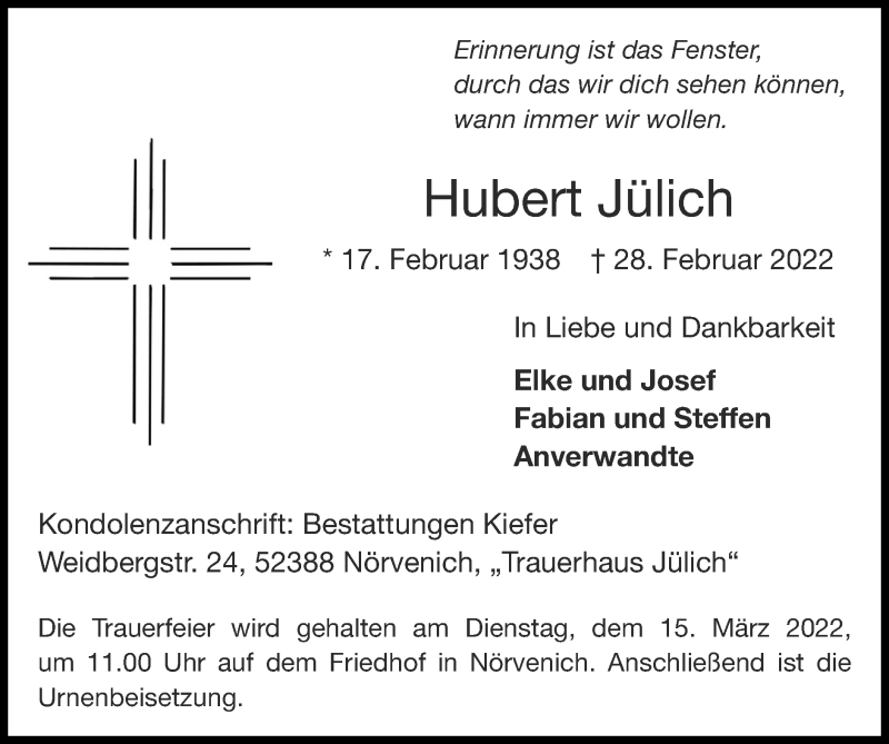  Traueranzeige für Hubert Jülich vom 06.03.2022 aus Zeitung am Sonntag