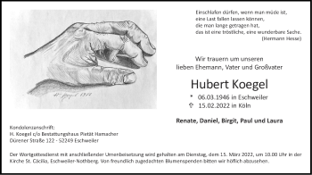 Traueranzeige von Hubert Koegel von Zeitung am Sonntag