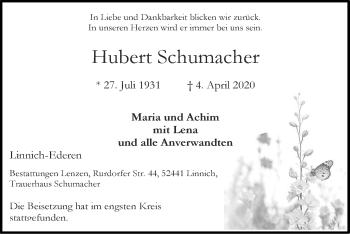 Traueranzeige von Hubert Schumacher von Zeitung am Sonntag