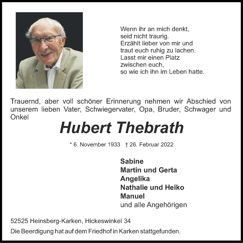  Traueranzeige für Hubert Thebrath vom 06.03.2022 aus Zeitung am Sonntag