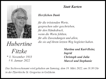 Traueranzeige von Hubertine Fitzke von Zeitung am Sonntag