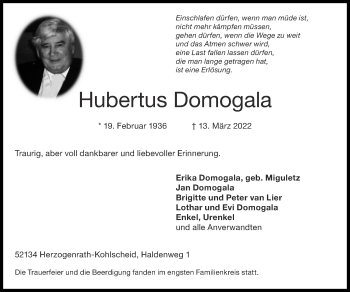 Traueranzeige von Hubertus Domogala von Zeitung am Sonntag