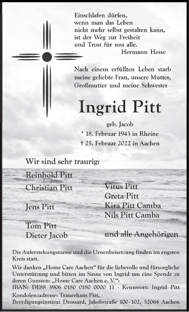  Traueranzeige für Ingrid Pitt vom 05.03.2022 aus Aachener Zeitung / Aachener Nachrichten