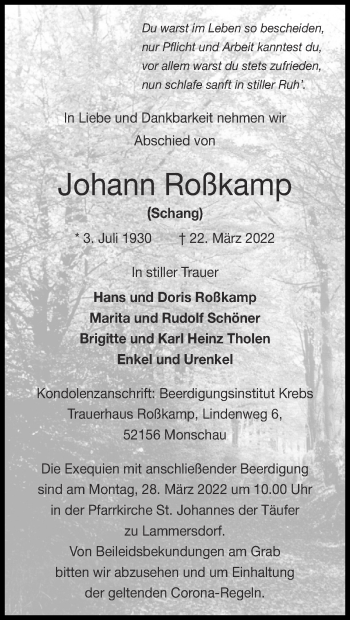 Traueranzeige von Johann Roßkamp von Zeitung am Sonntag