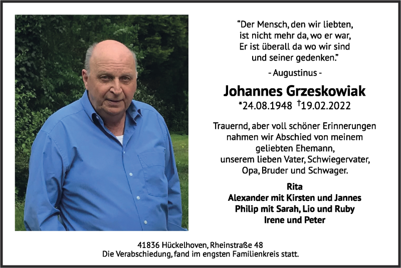  Traueranzeige für Johannes Grzeskowiak vom 13.03.2022 aus Zeitung am Sonntag
