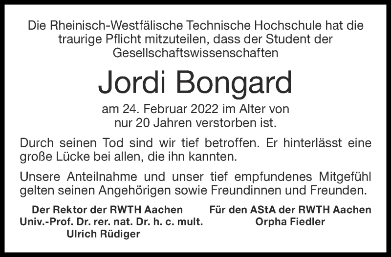  Traueranzeige für Jordi Bongard vom 12.03.2022 aus Aachener Zeitung / Aachener Nachrichten
