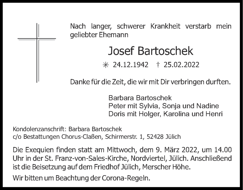  Traueranzeige für Josef Bartoschek vom 06.03.2022 aus Zeitung am Sonntag