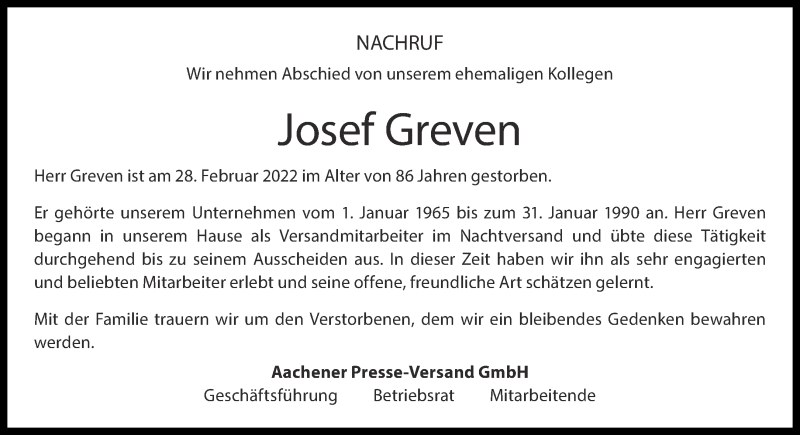  Traueranzeige für Josef Greven vom 19.03.2022 aus Aachener Zeitung / Aachener Nachrichten