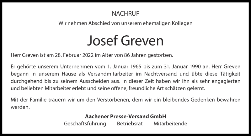  Traueranzeige für Josef Greven vom 20.03.2022 aus Zeitung am Sonntag