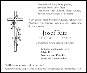 Traueranzeige von Josef Ritz von Zeitung am Sonntag