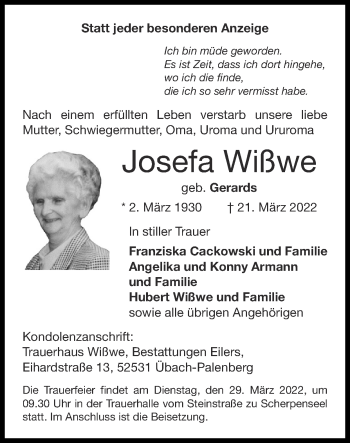 Traueranzeige von Josefa Wißwe von Zeitung am Sonntag