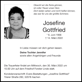 Traueranzeige von Josefine Gottfried von Zeitung am Sonntag