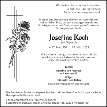 Traueranzeige von Josefine Koch von Zeitung am Sonntag