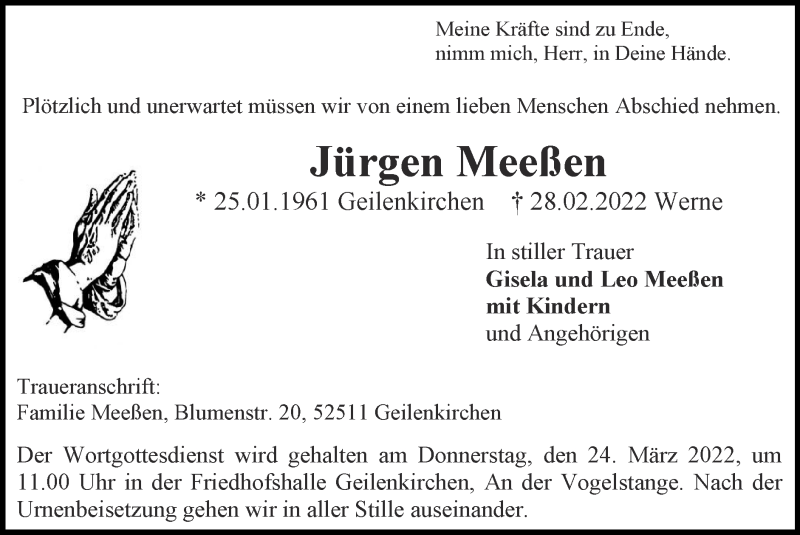  Traueranzeige für Jürgen Meeßen vom 20.03.2022 aus Zeitung am Sonntag