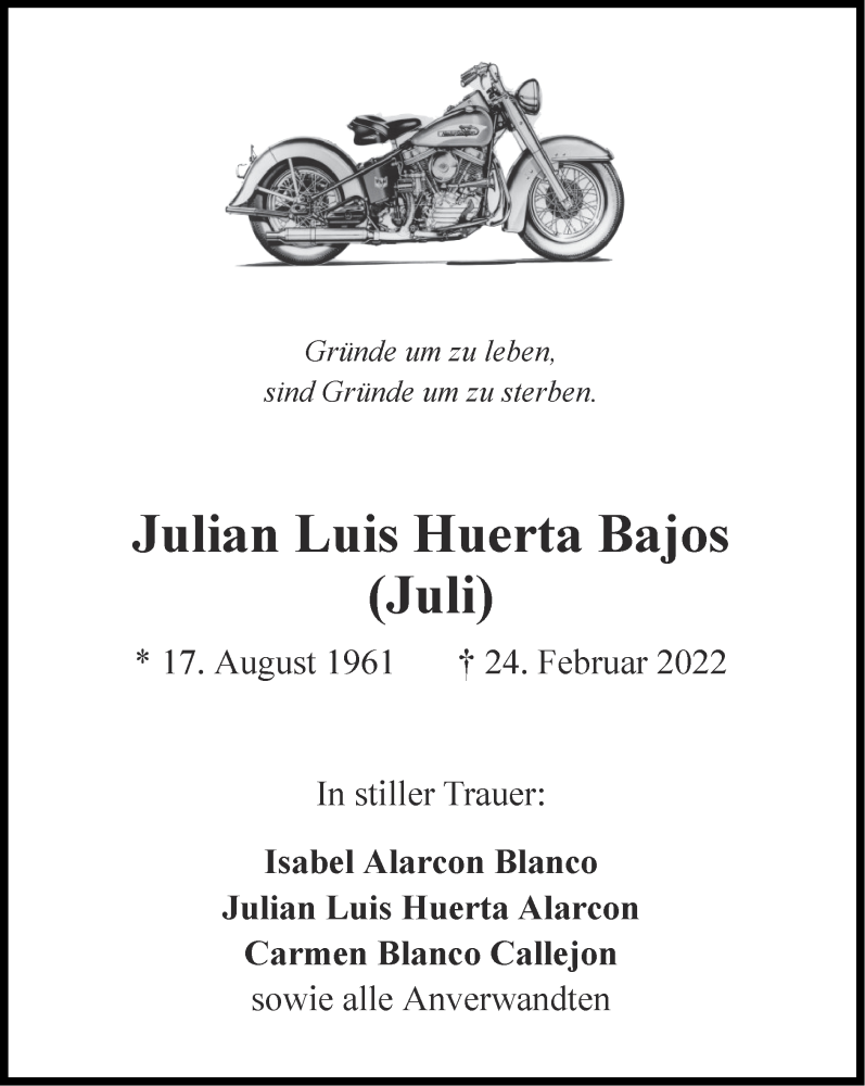  Traueranzeige für Julian Luis Huerta Bajos vom 06.03.2022 aus Zeitung am Sonntag