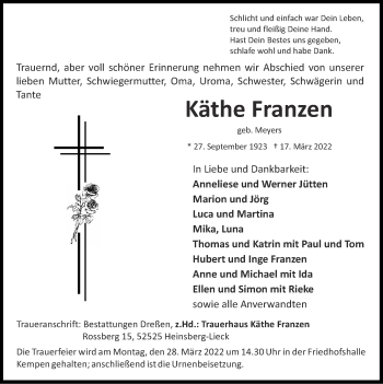 Traueranzeige von Käthe Franzen von Zeitung am Sonntag