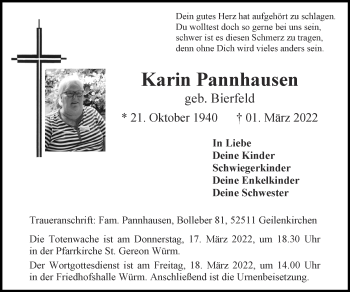 Traueranzeige von Karin Pannhausen von Zeitung am Sonntag