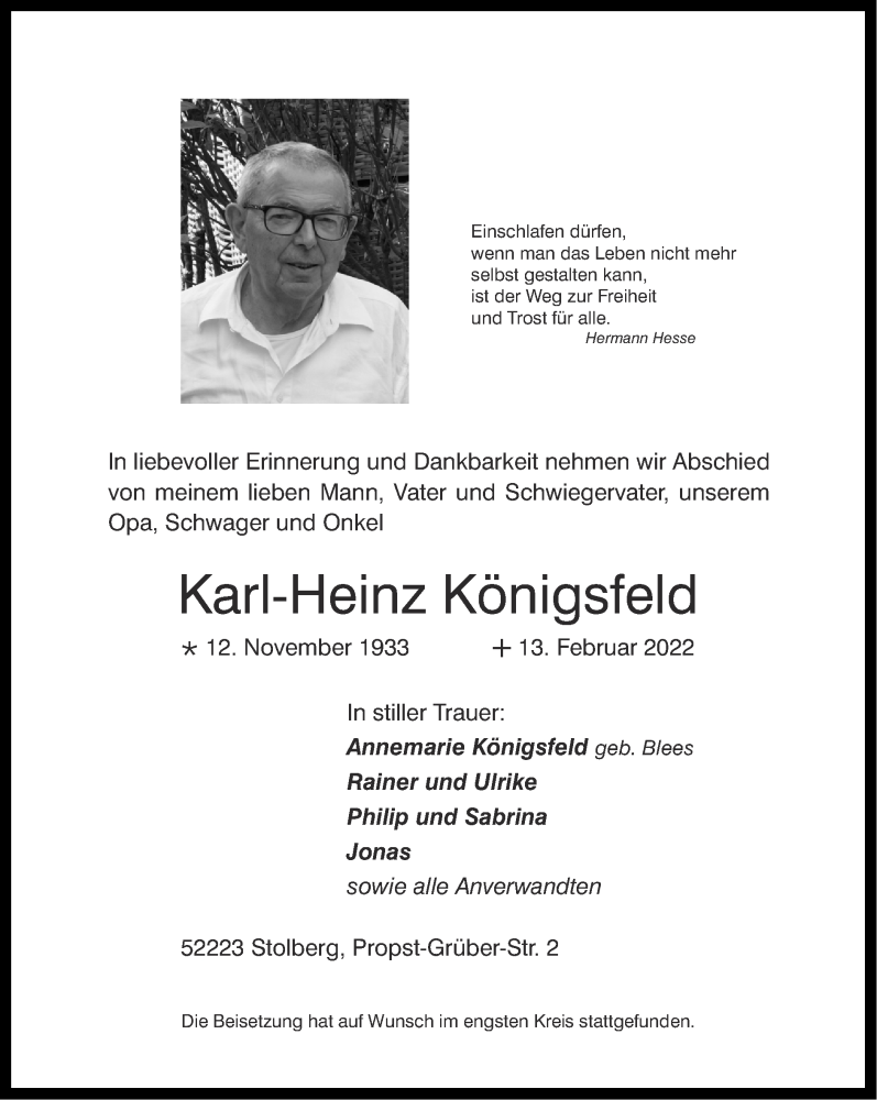  Traueranzeige für Karl-Heinz Königsfeld vom 13.03.2022 aus Zeitung am Sonntag